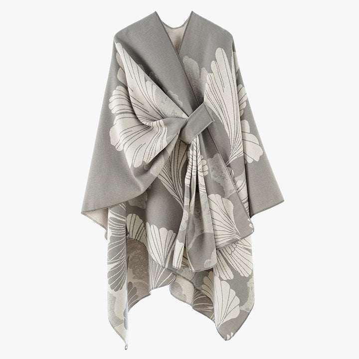 Dam Oversized Jacquard Cape Gjord av Ullblandning med Blommig Jacquard och Fram Loop