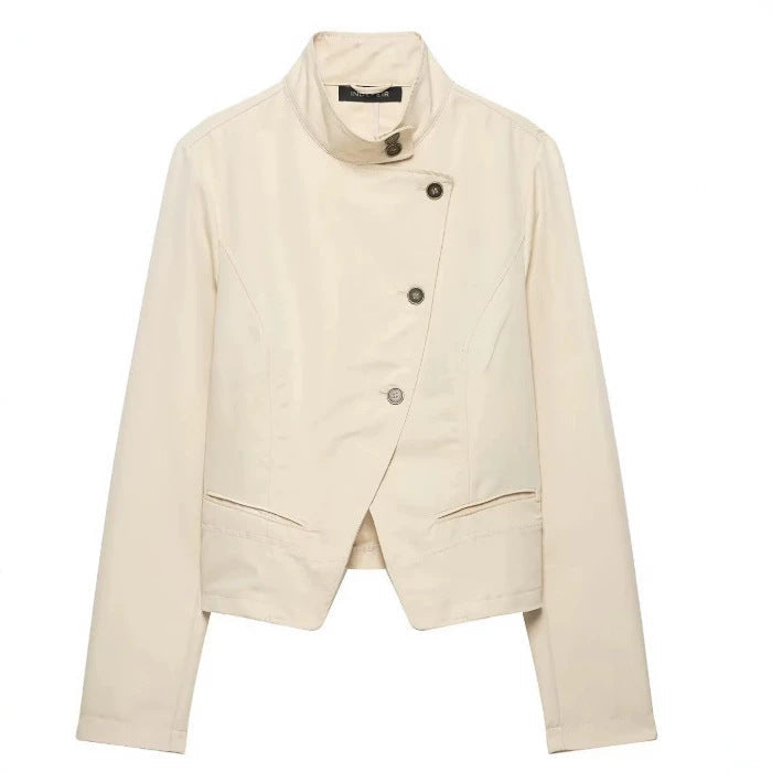 Dam Kort Tailored Avslappnad Jacka i Blouson Stil med Asymmetrisk Knapp Knäppning och Stå Krage