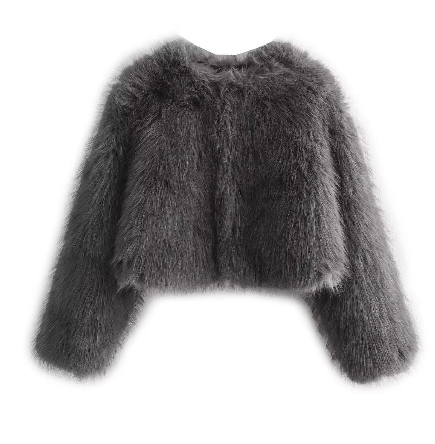 Dam Kort Faux Fur Jacka med Voluminous Ärmar och Round Neckline