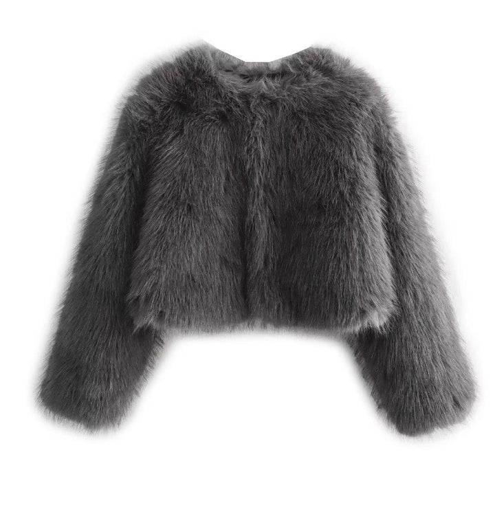 Dam Kort Faux Fur Jacka med Voluminous Ärmar och Round Neckline