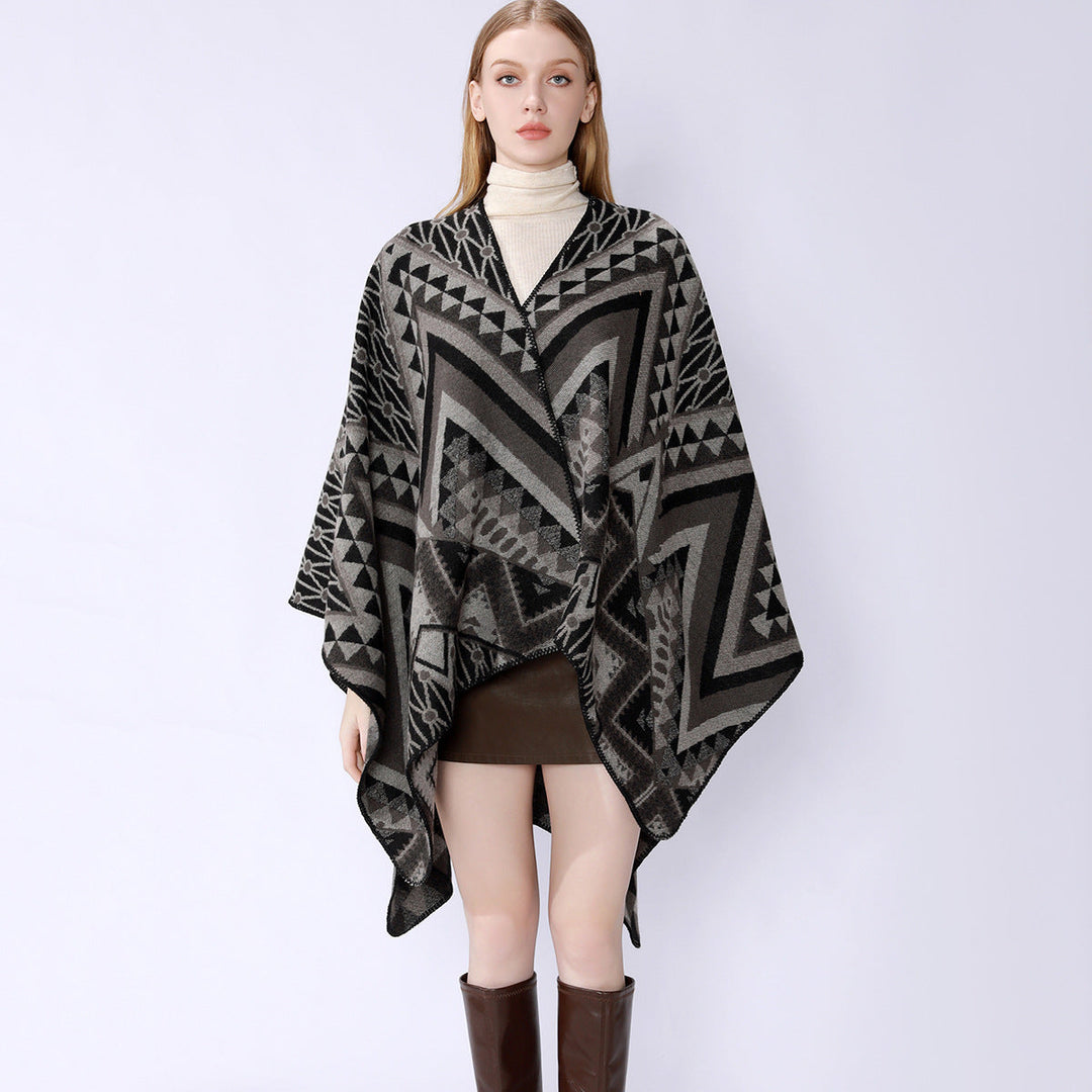 Dam Structured Jacquard poncho Overlay med Graphic Ethno mönster och Open kimono Fall