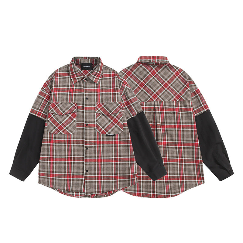 Unisex Oversized Skjorta Jacka i Layering Look med Contrasting Ärmar och Breast Lockfickor