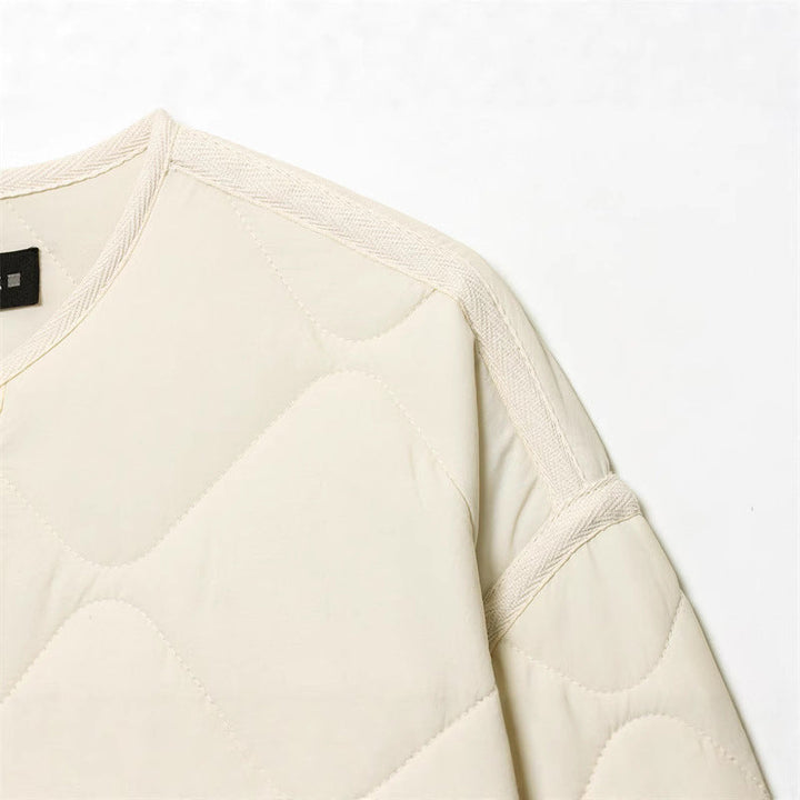 Dam kviltad oversize kviltad jacka med Round Neckline, utanpåfickor och knappslå