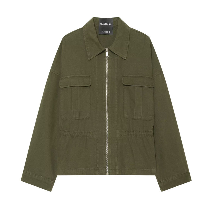 Dam Kort Skärning Utility Blouson Jacka med Stå Krage Lock Fickor och Continuous Dragkedja