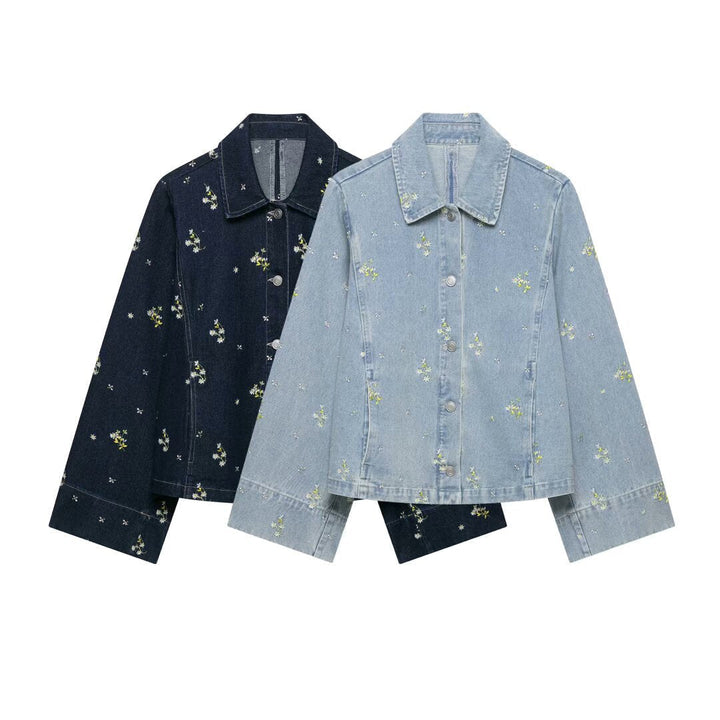 Dam Jeans Jacka med Blommig Embroidery och Boxig Silhuett
