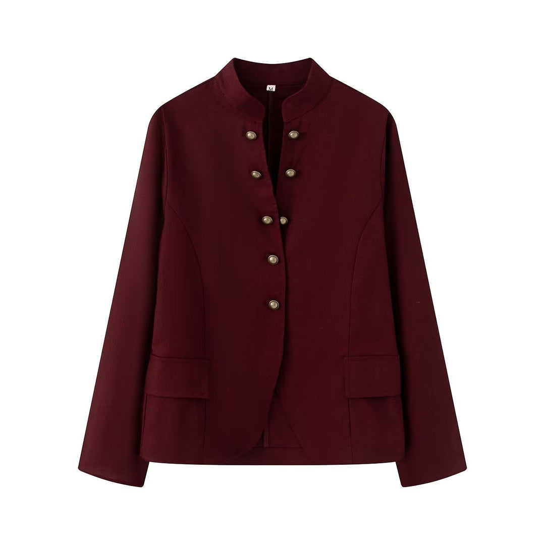 Dam Elegant Kort Jacka med Standing Krage, Dekorativ Toggle Knappar och Lock Fickor