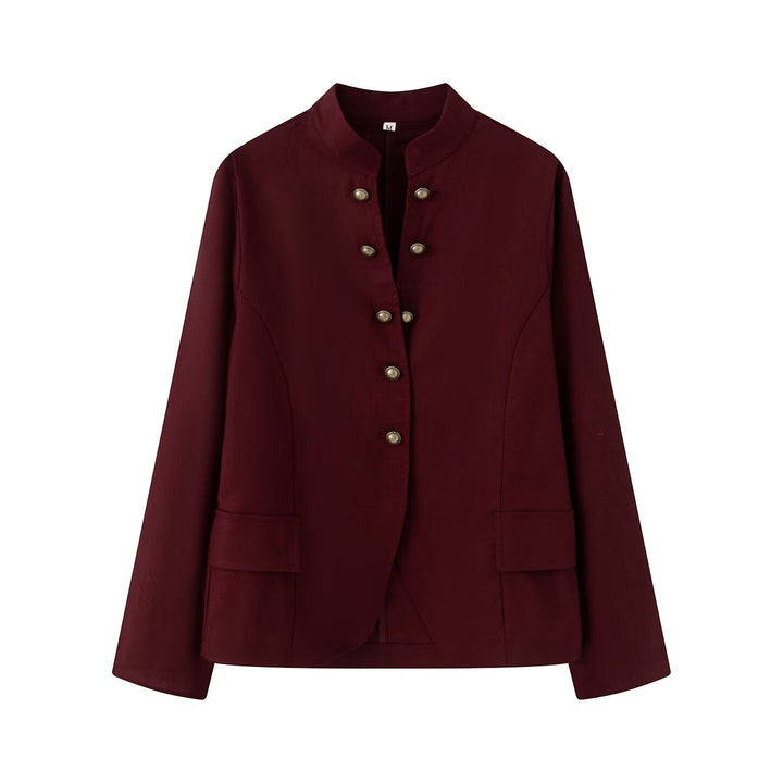 Dam Elegant Kort Jacka med Standing Krage, Dekorativ Toggle Knappar och Lock Fickor