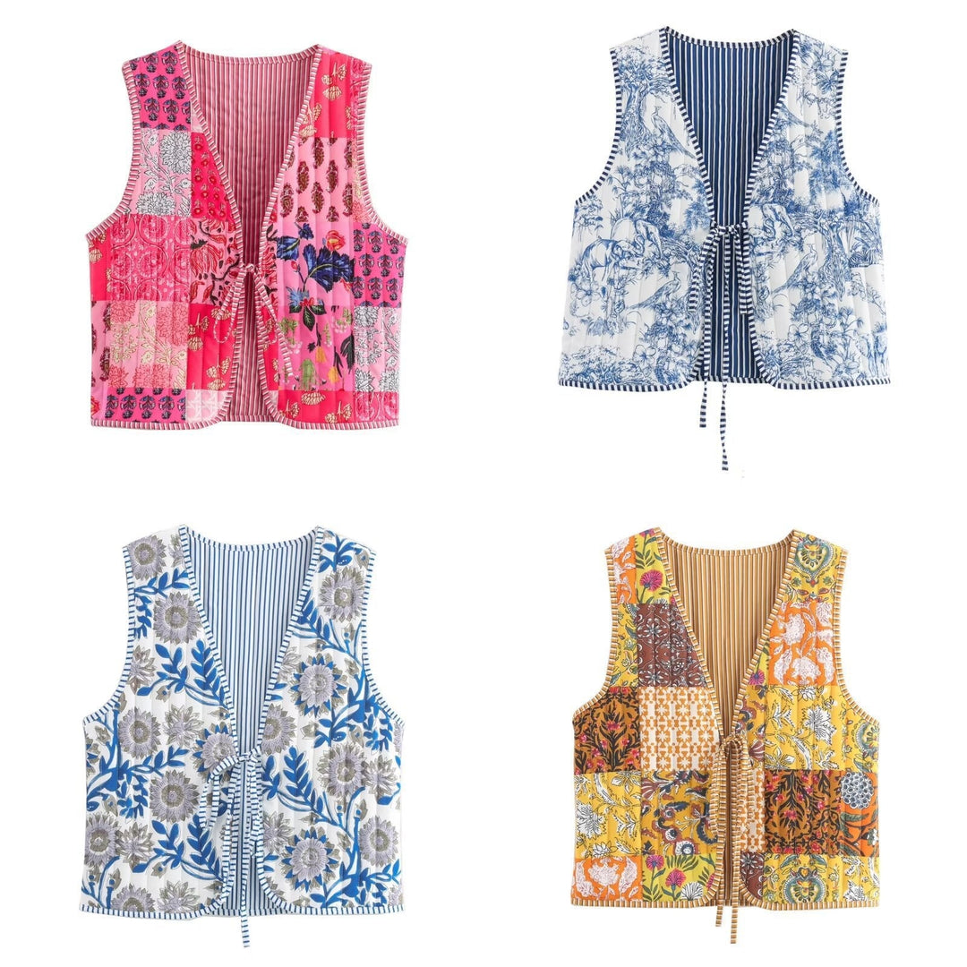 Dam kviltad Waistcoat med Toile tryck, randig foder och dragsko