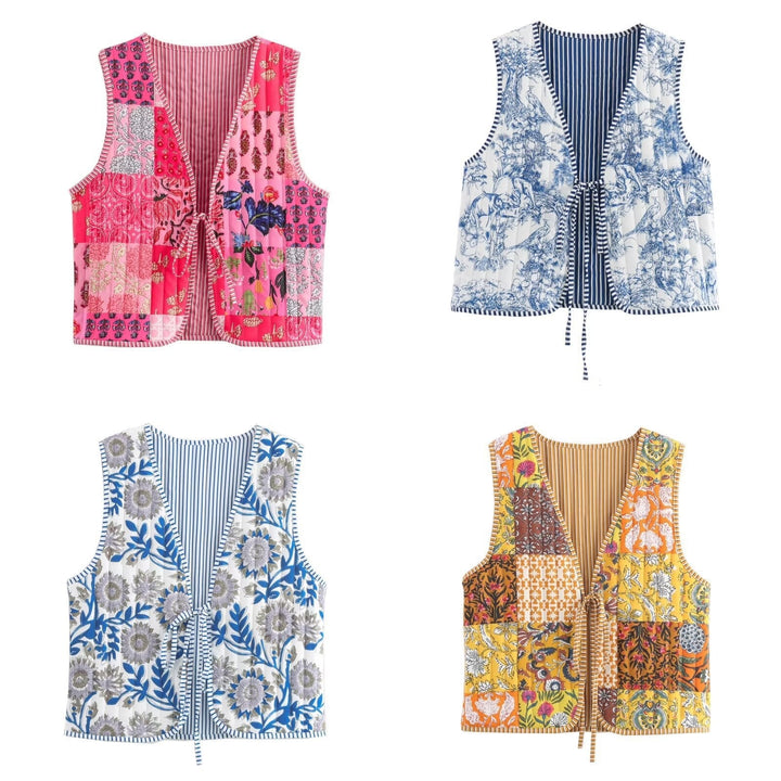 Dam kviltad Waistcoat med Toile tryck, randig foder och dragsko