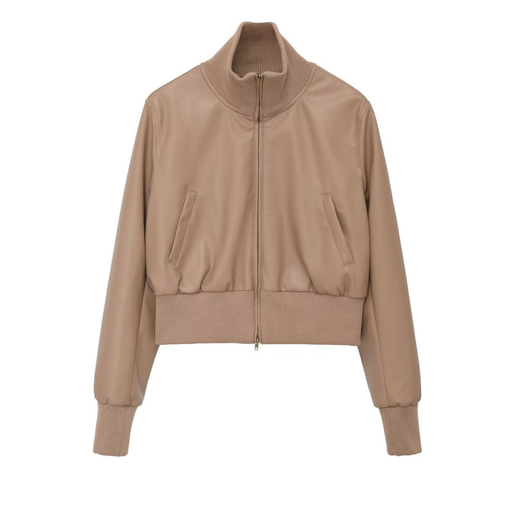 Dam Kort Jacka i Läderlook med Hög Structured Krage och Fitted Ribbed Waistband
