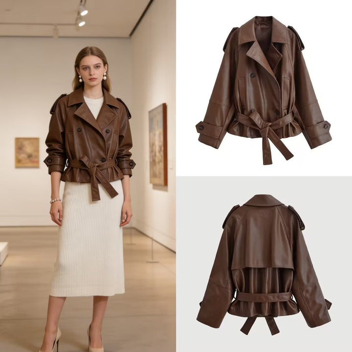 Dam kort skärning konstläder trenchcoat med knytband och Shoulder Straps