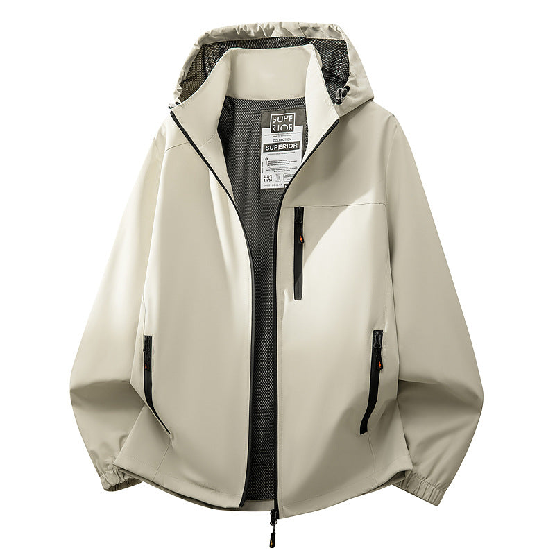 Herr Lätt Water-Repellent med Huva Softshell Jacka med Mesh Foder, Dragkedja Fickor &amp; Elastiska Muddar