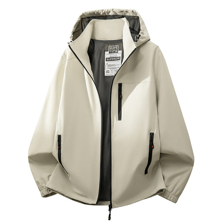 Herr Lätt Water-Repellent med Huva Softshell Jacka med Mesh Foder, Dragkedja Fickor &amp; Elastiska Muddar
