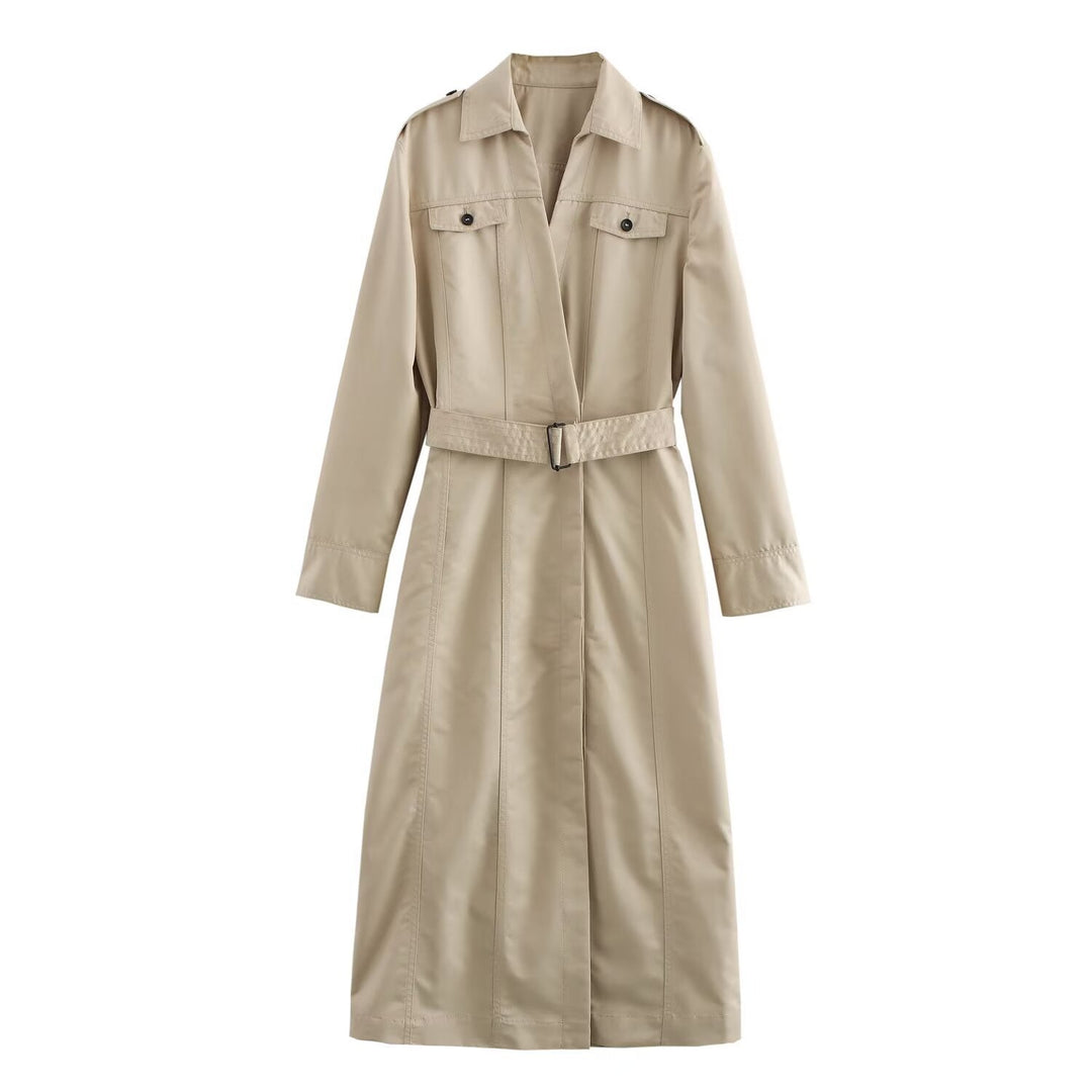 Dam längre skräddad trenchcoat med knytband, skjortkrage och epaulettes