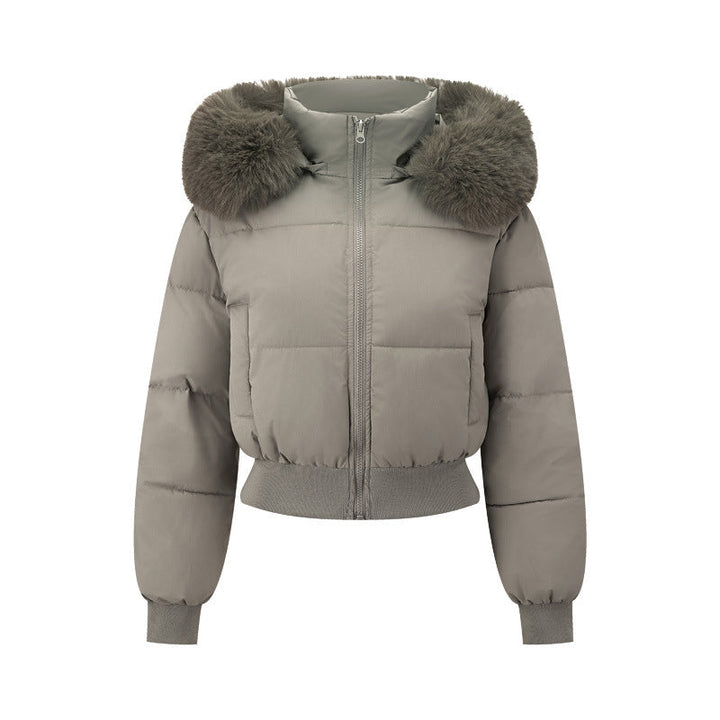 Dam kort quiltad hooded jacka med faux fur kant och ribbed fåll