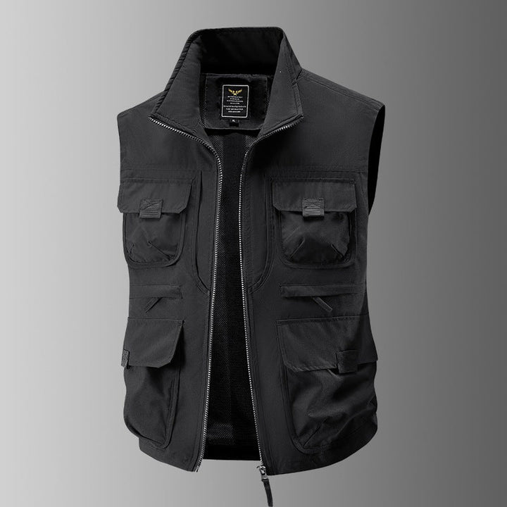 Herr Multi-Pocket Utility Väst med Hög Krage, Dragkedja och Mesh Foder