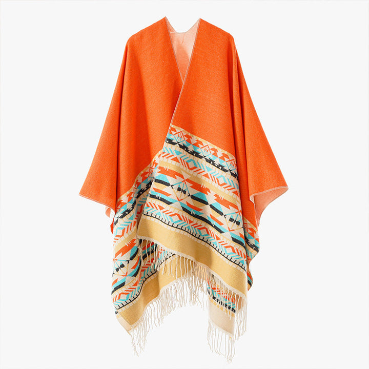 Dam V-krage Wrap poncho i kimono stil med Ethno kant och fransfåll