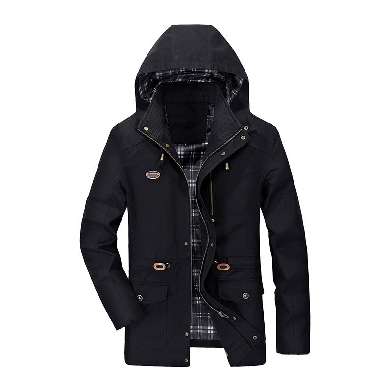Herr Mid-Length Parka med Huva, Checkered Foder och Midja Dragsko