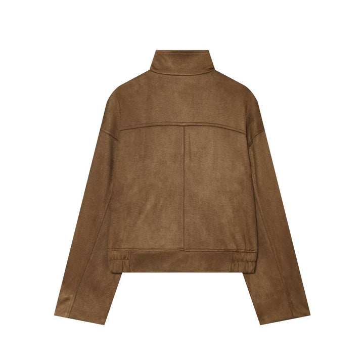 Dam Kort Boxig Suede Jacka med Stå Krage och Patch Fickor