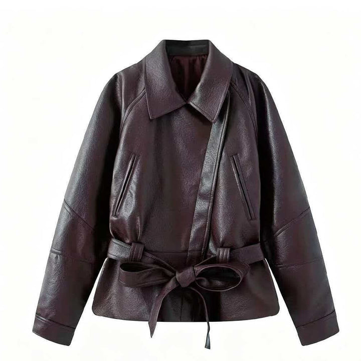 Dam Kort Jacka Gjord av Konstläder med Belted Midja och Skjortkrage