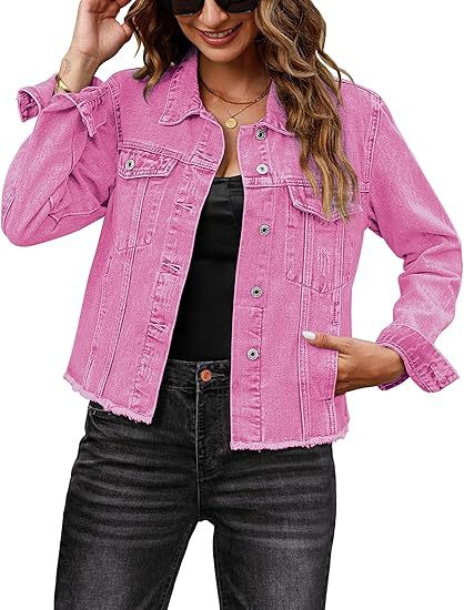 Dam kort skärning denimjacka med Frayed fåll och bröstfickor