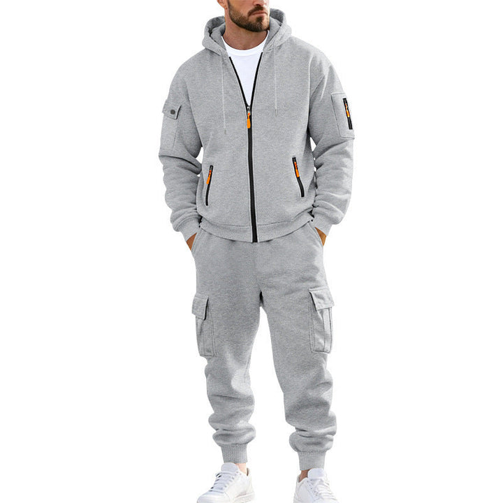 Herr Nano Urban Funktionell Cargo Sweat Set med Luvtröja, Zippered Fickor, och Tapered Cargo Jogger