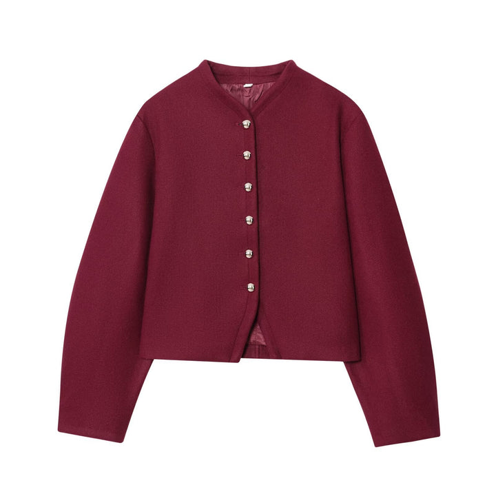 Dam Kort Boxig Ull Blend Jacka med Round Neck och Dekorativ Metal Knappar