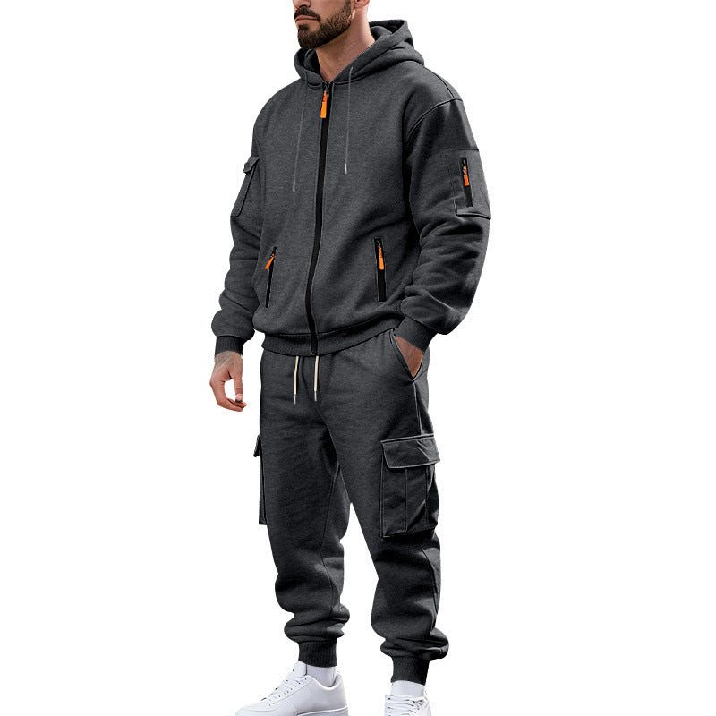 Herr Nano Urban Funktionell Cargo Sweat Set med Luvtröja, Zippered Fickor, och Tapered Cargo Jogger