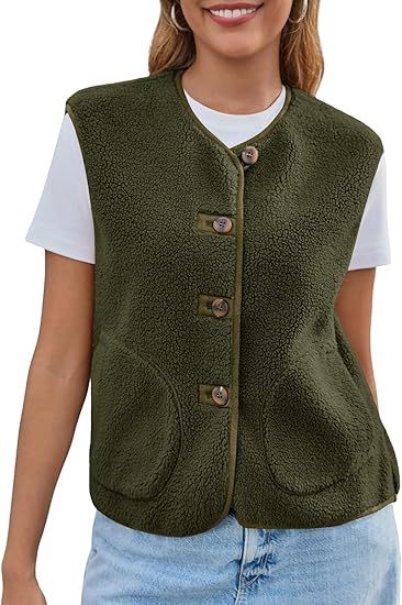 Dam teddy fleece väst med Round Neckline och knapp stängning