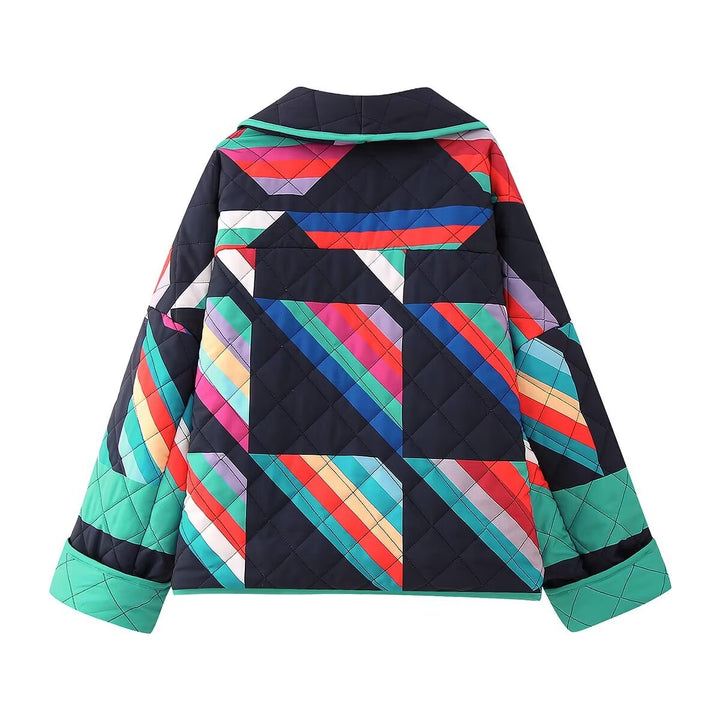 Dam quiltad oversized kimono jacka med graphic block tryck och piping