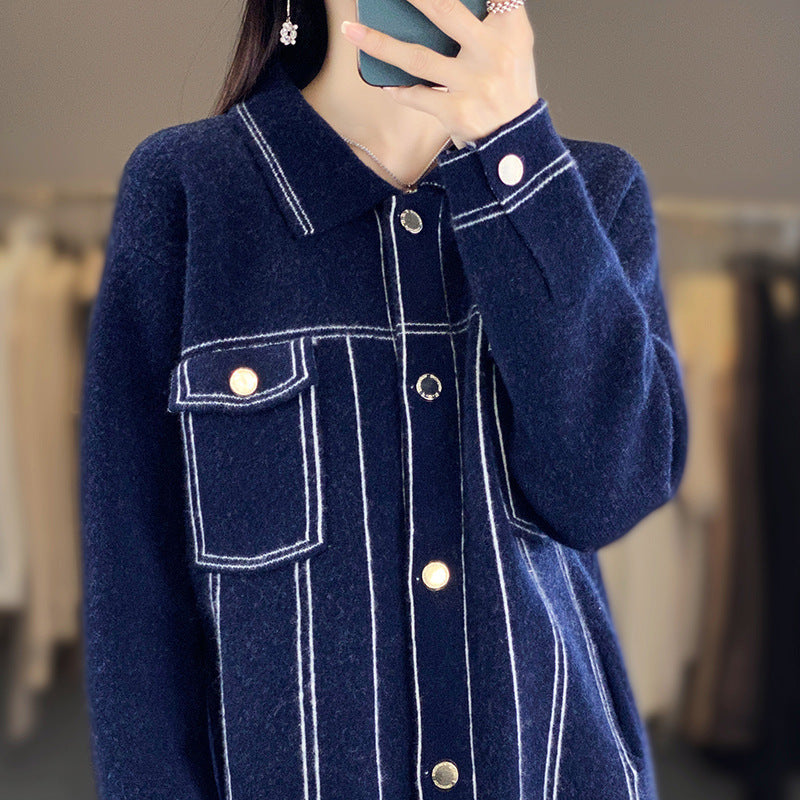 Dam oversize Knit jacka in denimjacka look med kontrasterande Seam detaljer och Chest ficka