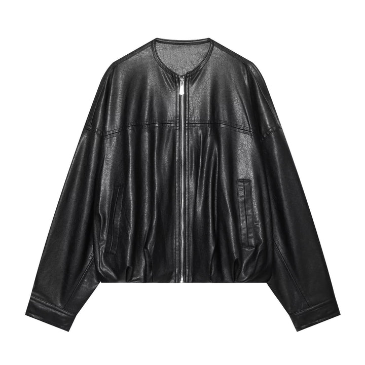 Dam Oversize Faux Läder Blouson med Round Neckline, Dragkedja och Side Fickor
