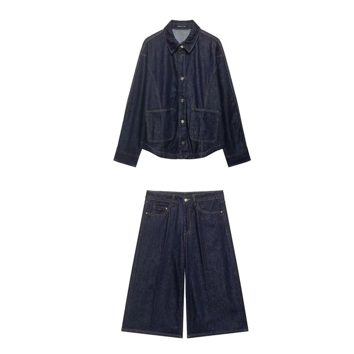 Dam Oversized Denim Jacka med Utanpåfickor och Decorative Stitches