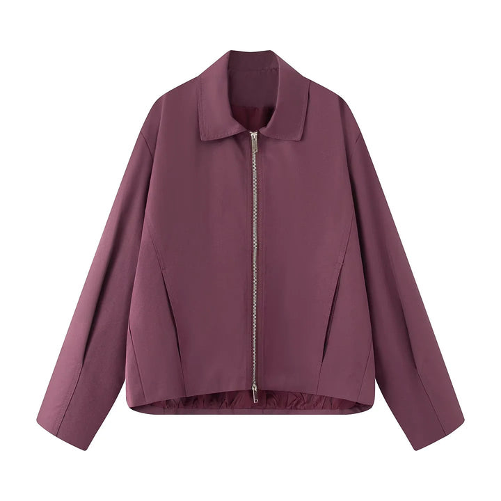 Dam lätt avslappnad boxy blousonjacka med concealed two-way dragkedja, hög krage, och side inset fickor