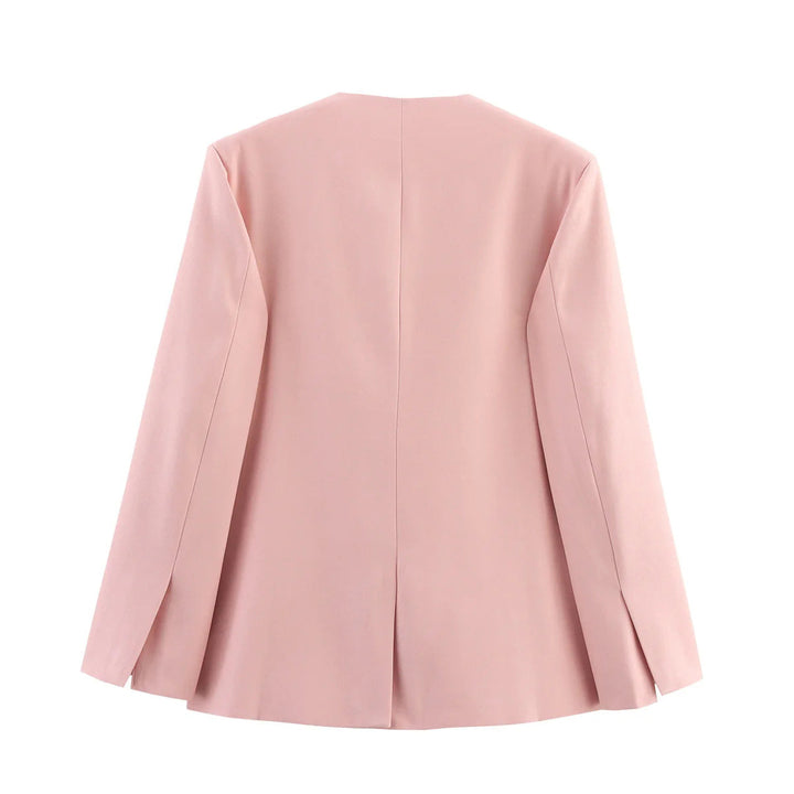 Dam no-button lång blazer jacka med deep V-neck, figursydd darts, och flap fickor