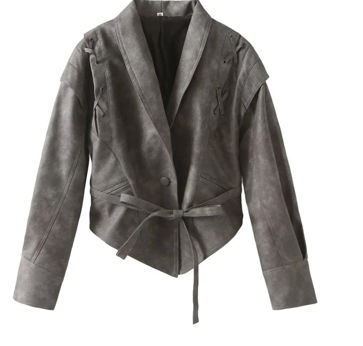 Dam 100+ Kort Wrap Jacka med Tie Belt och Eyelet Lacing Detail