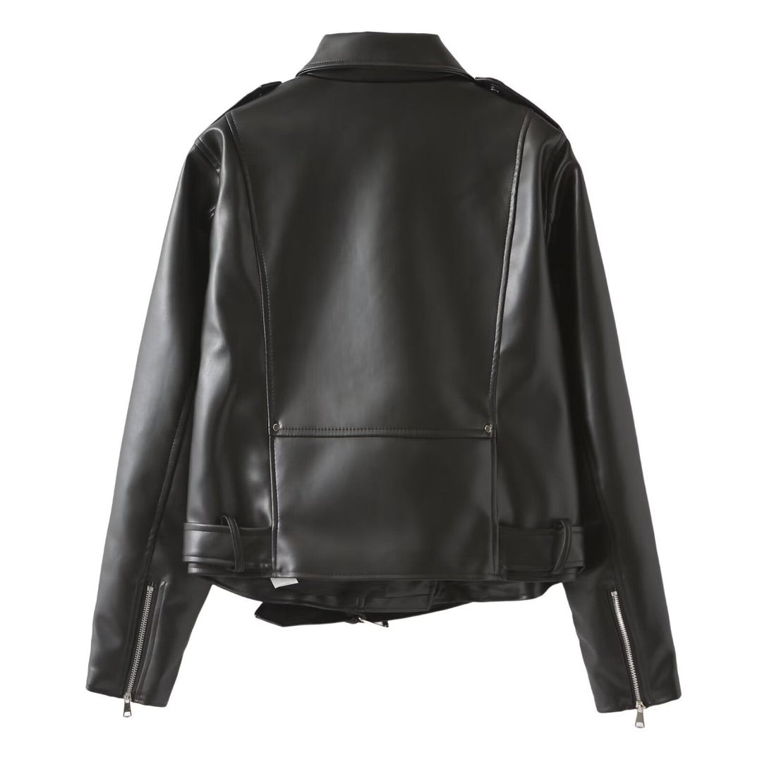 Dam Bikerjacka Tillverkad av Vegansk Läderlook med Waist Belt och Asymmetrisk Dragkedja