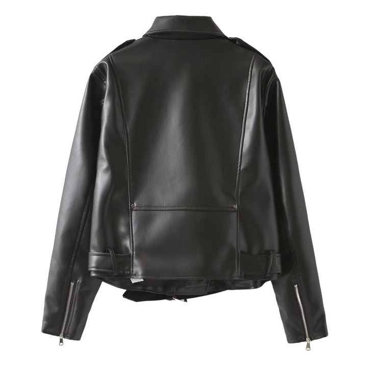 Dam Bikerjacka Tillverkad av Vegansk Läderlook med Waist Belt och Asymmetrisk Dragkedja
