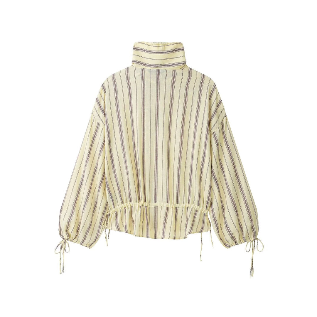 Dam Randig Lätt Blouson Jacka med Stå Krage och Drawstring