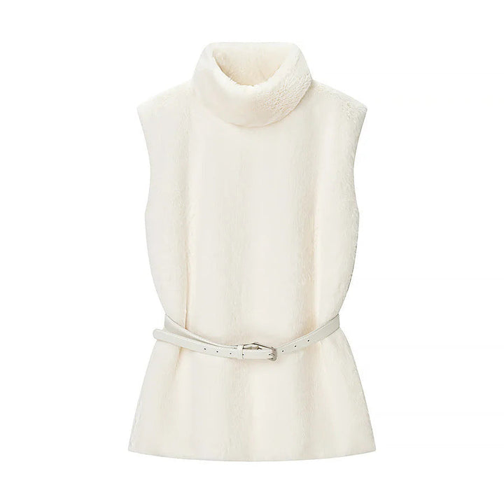 Dam sleeveless faux fur väst med high turtleneck och figursydd läder bälte