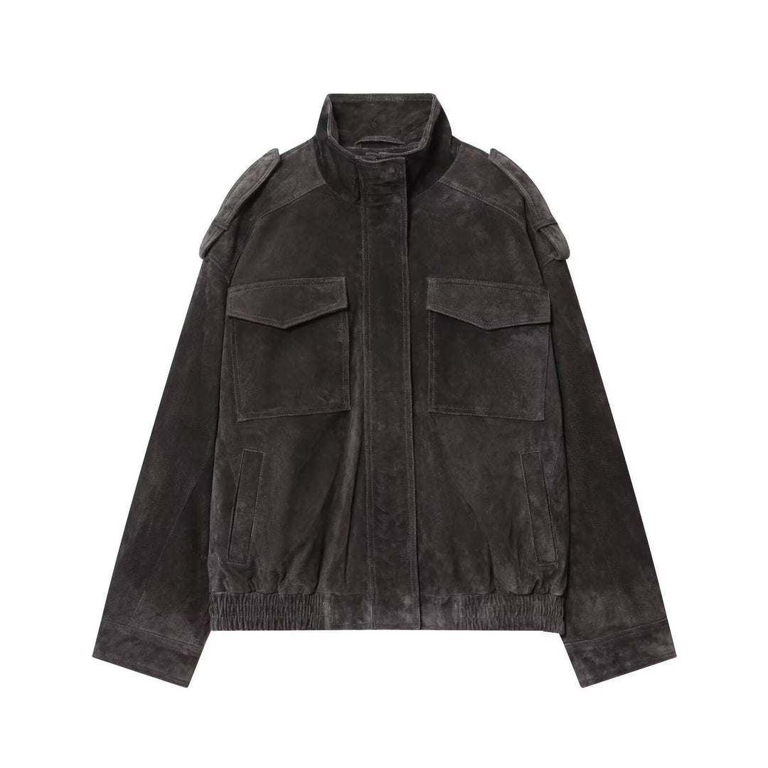 Dam Suede Fältjacka med Stå Krage, Epaulettes, och Patch Chest Fickor