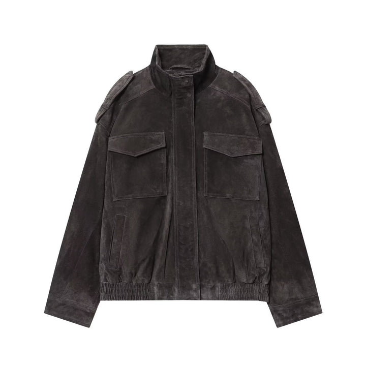 Dam Suede Fältjacka med Stå Krage, Epaulettes, och Patch Chest Fickor