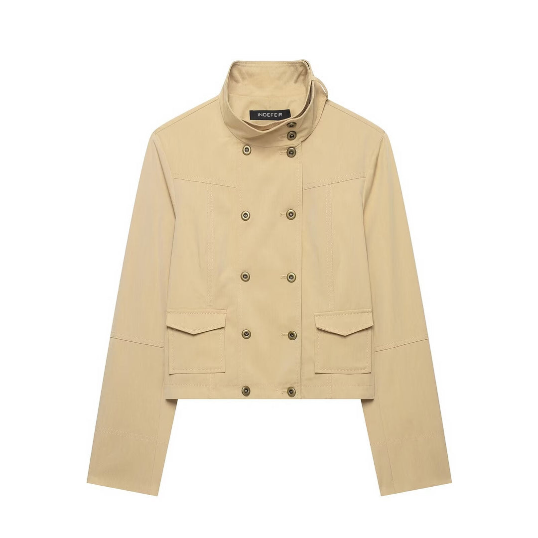 Dam Kort Double-Breasted Utility Blouson med Hög Standing Krage och Lock Fickor