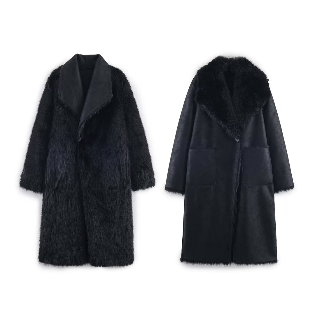 Dam Longer Reversible Konstpäls Kappa med Oversized Sjalrakrage och Utanpåfickor