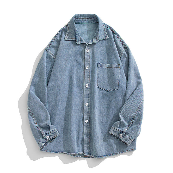 Unisex Locker Skärning Denim Skjorta med Bröstficka och Rounded Fåll