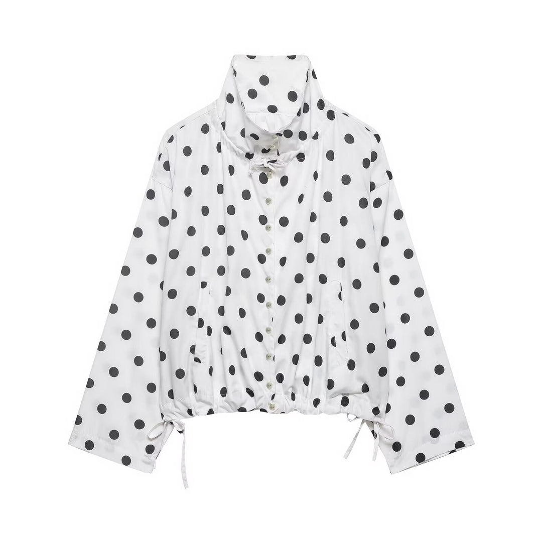 Dam Lätt Oversize Prickig Prick Windbreaker med Stå Krage, Knapp Knäppning och Drawstring