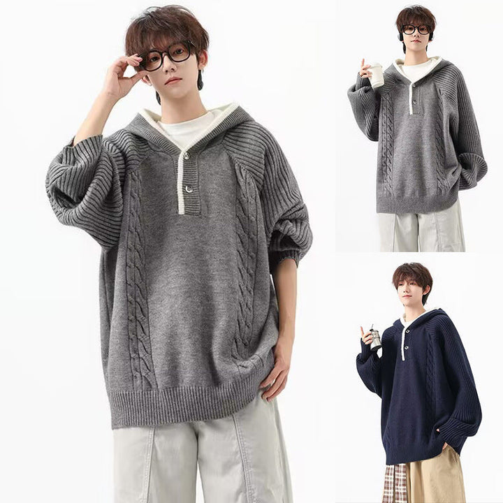 Herr Chunky Stickad Pullover med Huva och Knapplist