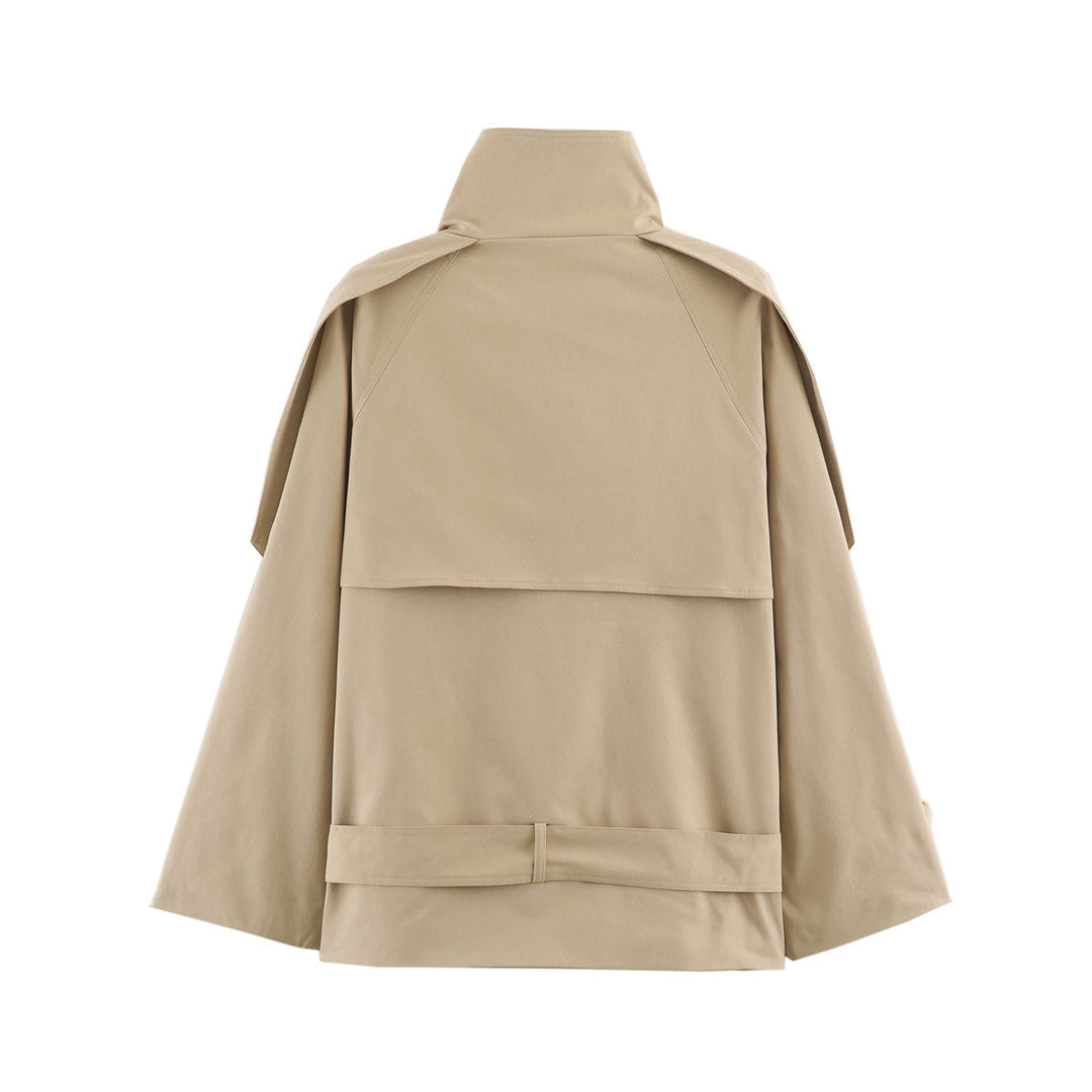 Dam 10+ Kort Double-Breasted Cape Trench med Funnel Krage och Tie Belt