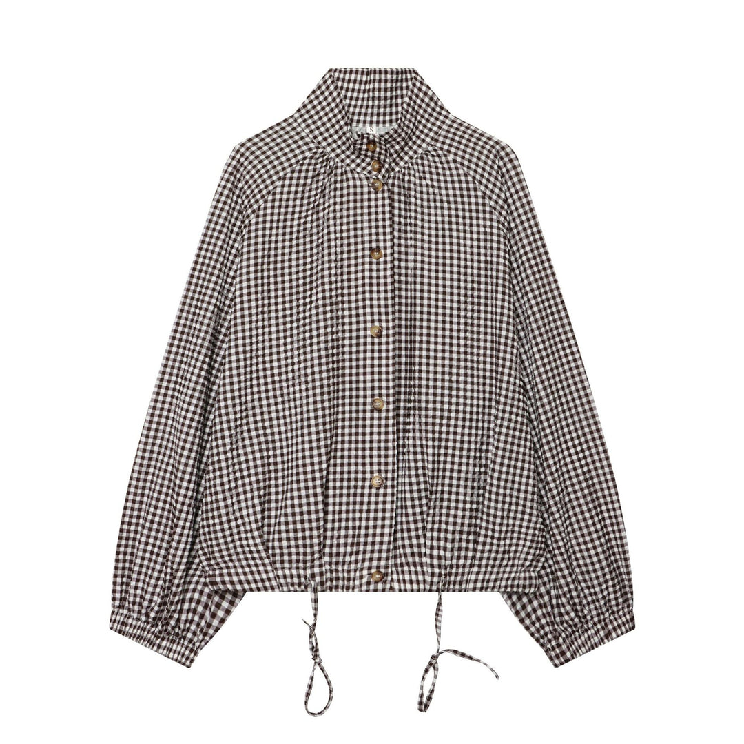 Dam Checked Kort Blouse Jacka med Drawstring
