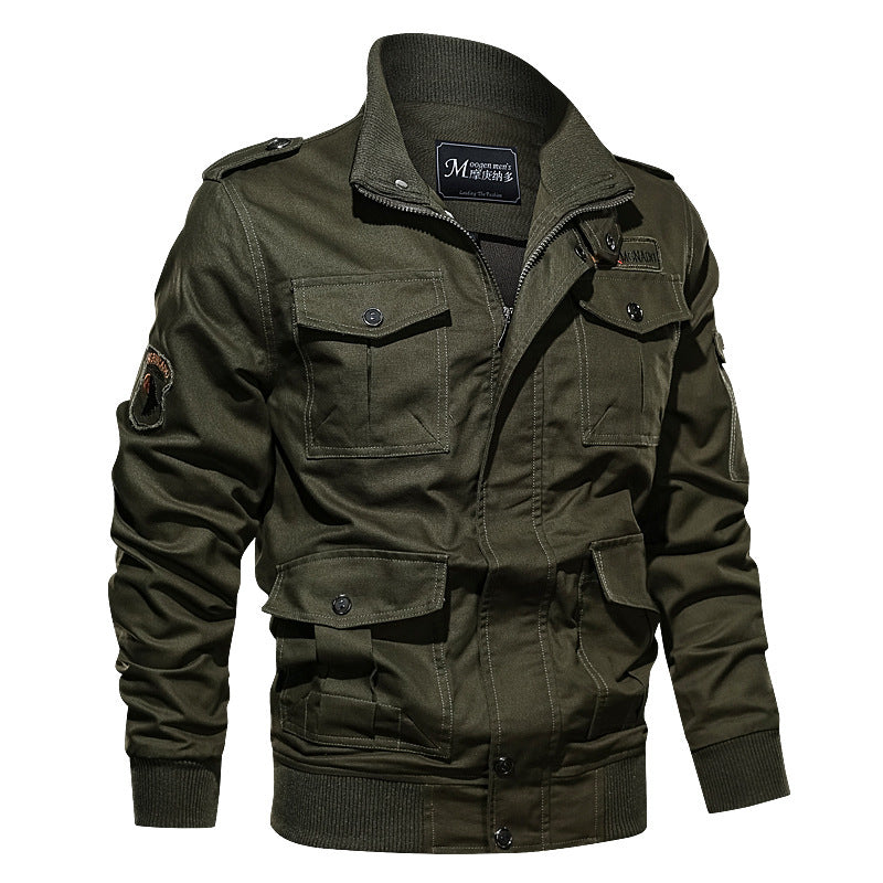 Herr Military-Inspired Canvas Fältjacka med Epaulettes, Flera Fickor och Ribbad Fåll